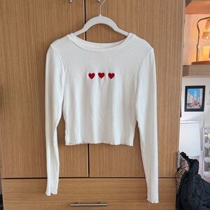 White Long Sleeve Top with Red Heart Accents